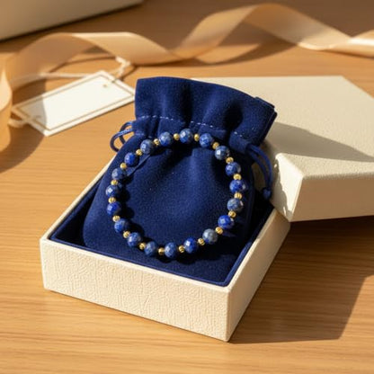Lapis Lazuli Healing Bracelet – Real Crystal Beads for Stress Relief, Meditation & Chakra Balance – Natural Gemstone Jewelry Gift for Women & Men, Adjustable Stretch Fit - style: 6mm 64-Facet Gold Accent（no gift box）