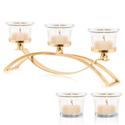 3-Arm Metal Tea Light Candle Holder Set with 5 Glass Cups, Votive Candle Holders Centerpiece Candelabra for Wedding Table Decor, Home Gatherings and Holidays (Gold, 5 Cups) - color: Gold, size: 5 Cups