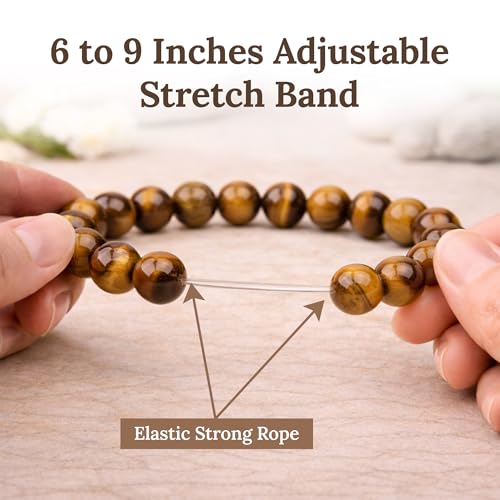 Elm City Direct 8mm Natural Stone Beaded Bracelet – Unisex Crystal Stretch Bracelets for Men & Women, Chakra & Healing Jewelry, Gift-Ready Beaded Bracelets - color: Tigers Eye