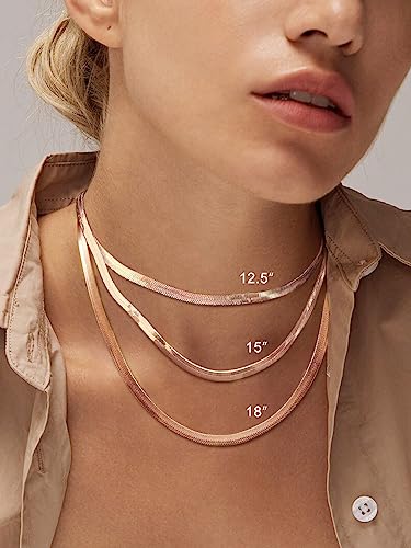 FOCALOOK 14K Gold Plated Necklaces for Women, Fashion Herringbone Choker Necklace Stainless Steel Flat Snake Chain 3/5MM(W) 12.5"/15"/18"+3.5"(L) - color: 5MM-Rose Gold-18"