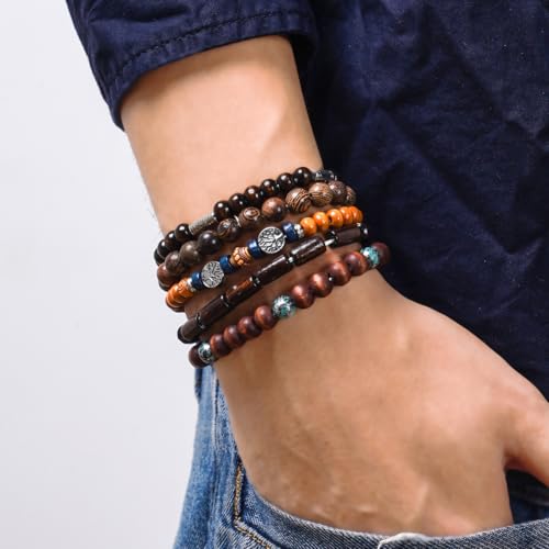5pcs Wooden Bead Bracelet Set with Charm and Tassel for Men & Women - Stackable Boho Bracelets, Amber Color Scheme Adjustable Bracelet - color: Brown Blue Green