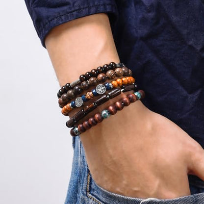 5pcs Wooden Bead Bracelet Set with Charm and Tassel for Men & Women - Stackable Boho Bracelets, Amber Color Scheme Adjustable Bracelet - color: Brown Blue Green