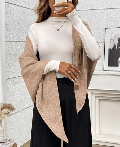 Womens Knitted Shawl Wraps Casual Solid Color Cape Scarf Comfortable Triangle Pashmina Shoulder Sweater - color: Camel