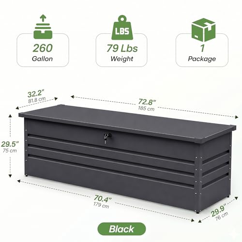 260 Gallon Metal Deck Box Waterproof, Extra Large Outdoor Stroage Box Weatherproof with Lid for Patio Cushions, Garden Tools, Pool Supplies, Black - color: Black(260 Gal)-Metal