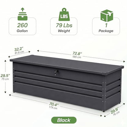 260 Gallon Metal Deck Box Waterproof, Extra Large Outdoor Stroage Box Weatherproof with Lid for Patio Cushions, Garden Tools, Pool Supplies, Black - color: Black(260 Gal)-Metal