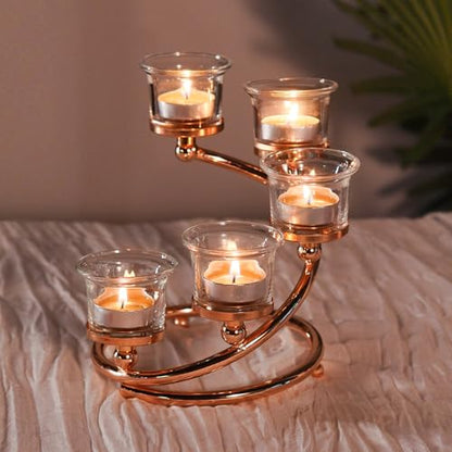 1Pc Gold 5-arm Metal & Glass Tea Light Candle Holders for Table Centerpiece, Glass Votive Tealight Holders/Candelabra Candlestick Holders for Wedding,Party, Anniversary,Christmas - color: Gold