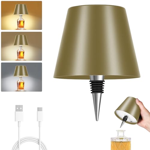 Rechargeable Wireless Bottle Lamp - 3 Color Stepless Dimmable, Metallic Gold Lampshade, 5H Bright Light or 48H Soft Glow, Ideal for Home Decor, Parties, Bar - color: Gold 5H Runtime