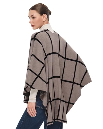 PULI Women's Elegant Shawl Wraps Soft Open Front Poncho Sweater for Spring Fall Winter - color: Classic Check-tan and Black