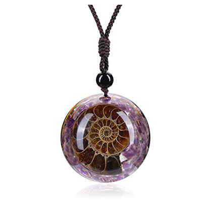Jovivi 7 Chakra Gemstone Reki Healing Crystal Necklace Round Circle Shape Ammonite Fossil Resin Chip Stones Pendant Necklace for Women Men Life Tree Jewelry Christmas Gifts - color: Ammonite Fossil - Amethyst