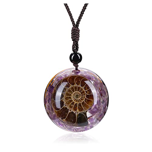 Jovivi 7 Chakra Gemstone Reki Healing Crystal Necklace Round Circle Shape Ammonite Fossil Resin Chip Stones Pendant Necklace for Women Men Life Tree Jewelry Christmas Gifts - color: Ammonite Fossil - Amethyst