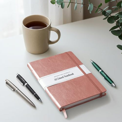 BROWNSTONE JOURNALS A5 Hardcover Lined Journal 5"x8" - Notebook for Work & Writing, 160 Pages Thick 100 GSM Paper, Lay Flat Binding, Elastic Band, Ribbon Bookmark (Rose Wood) - color: Rose Wood
