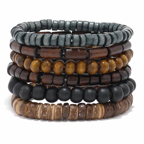 MILAKOO Mens Beaded Bracelets Tribal Wooden Elastic Adjustable Prayer Beads Wrap Cuff for Women - color: A: 6pcs