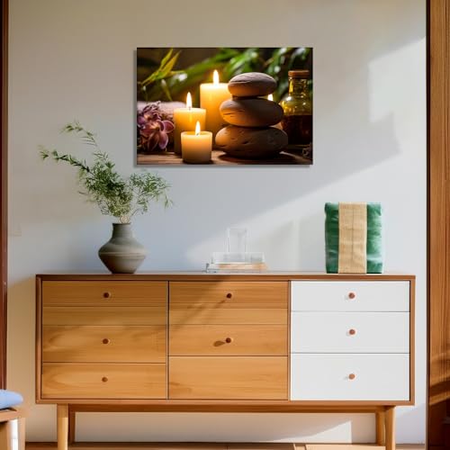 KPLUNDO Zen Canvas Wall Art - Bathroom Wall Decor Candle with Spa Stones Picture Meditation Relax Artwork for Yoga Spiritual Room Decor Frame(Art-4,12.00x18.00 inch)