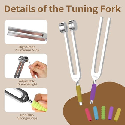Tuning Forks for Healing Set, 128Hz, 136Hz, 256Hz, 512Hz Tuning Forks with Activator, Chakra Sound Therapy Music Tuning Instruments for Stress & Sleep/Yoga/Meditation with Anti-Slip Sponge & Pouch