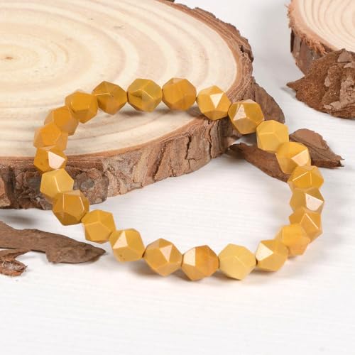 Justinstones 8mm Natural Gemstone Round Beads Triangle Faceted Charm Stretch Bracelet 6.5" - color: Yellow Mookaite Jasper