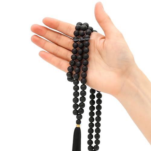 Amazing Gemstone Lava Stone Mala Beads - 108 Prayer Beads for Meditation and Mindfulness Practice, Handcrafted Mala Beads with Natural Gemstones for Spiritual Healing and Relaxation (Plain) - color: Lava Stone, style: Plain