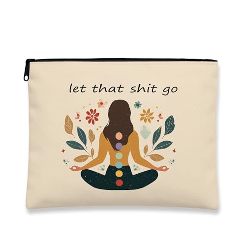 Meditation Floral Cosmetic Bag, Bohemian Chic Zen Makeup Pouch for Women, Portable Canvas Zip Organizer, Mindfulness Gift for Spring 7x9 Inch