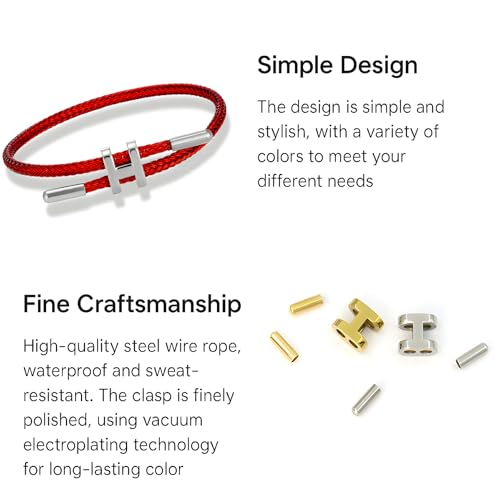 OSIRIDEH2 Bracelet with Adjustable Design Polished H Shape Buckle, Bracelets for Women, 18k Gold-plated Buckle Design Titanium Steel Wire Rope Women's Gift Jewelry - color: Red Silver