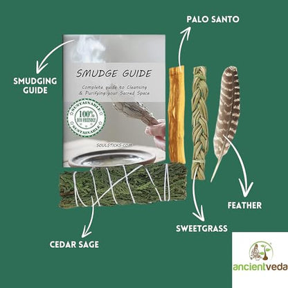 Ancient VEDA Sage Smudge Kit | Cedar, Sweetgrass, & Palo Santo Sticks Smudging Kit for Meditation, Yoga, Reiki, Home Cleansing, & Aromatherapy (Starter Kit, Cedar Sage) - color: Cedar Sage, size: Starter Kit