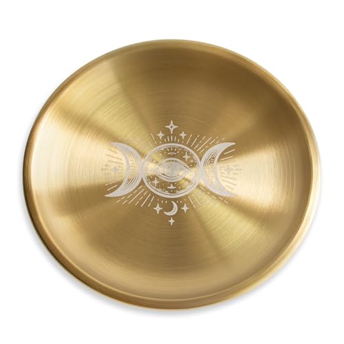 Altar Tray - Stainless Steel Metal 5.5" Round Dish for Prayer Astrology Tarot Offering Plate Rituals Ceremonies & Decor (Triple Moon Gold) - color: Triple Moon Gold