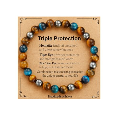 Gnamy Crystal Bracelet Gifts for Men Him- Triple Protection Hematite Black Obsidian Tiger Eye Gemstone Beaded Bracelets Birthday Healing Jewelry Gifts - style: Style 3