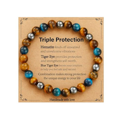 Gnamy Crystal Bracelet Gifts for Men Him- Triple Protection Hematite Black Obsidian Tiger Eye Gemstone Beaded Bracelets Birthday Healing Jewelry Gifts - style: Style 3