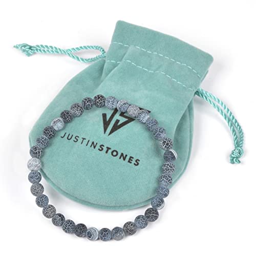 Justinstones Gem Semi Precious Gemstone 6mm Round Beads Stretch Bracelet 6.5 Inch Unisex - color: Dark Blue Weathered Agate