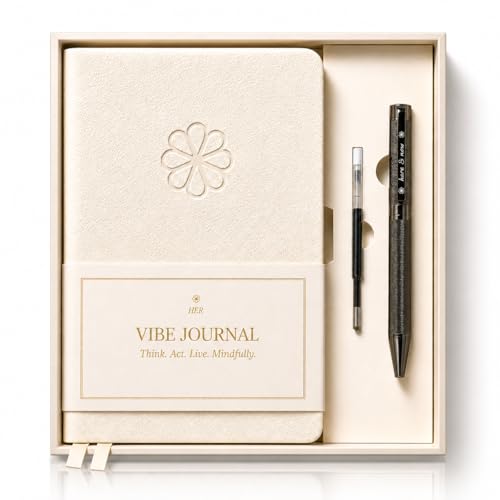 Journal & Pen Set for Women | Guided Mindfulness Journal with Elegant Brass Pen | 13-Week Self-Care, Gratitude & Personal Growth Journey | A5 Vegan Leather | Premium Gift Box | Her Vibe - color: Beige- pen set