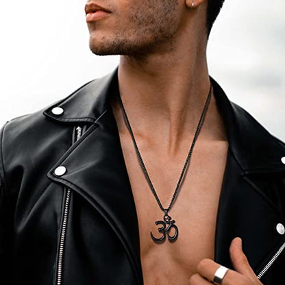 Stainless Steel Om Necklace for Men Women, gold plated/Silver/Black Yoga Charm Pendant Necklaces Aum Om Ohm Sanskrit Symbol Hindu Meditation Chain Necklace,Mens Womens Jewelry Gifts - color: Black
