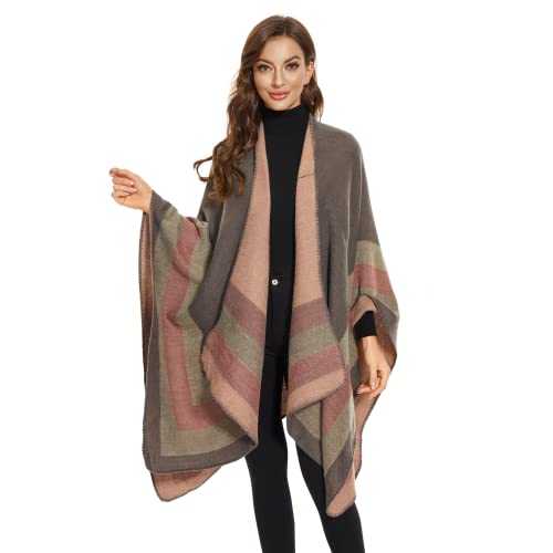 Shawl Wraps for Women, Elegant Knitted Cape Open Front Poncho Scarf Blanket Cardigan Coat for Spring, Autumn, and Winter - color: Pink Gray