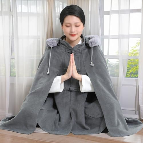 Unisex Meditation Hooded Faux Fur Collar Cloak Thickened Double Layer Plush Cape Poncho, Length 90cm