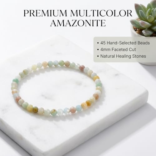 Angelstones Natural Gemstone Small Beaded Stretch Bracelet, 4mm Faceted Round Beads, Crystal Healing Bracelet for Women - color: Multicolor Amazonite