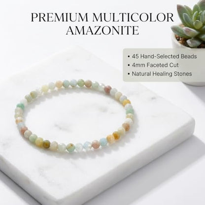 Angelstones Natural Gemstone Small Beaded Stretch Bracelet, 4mm Faceted Round Beads, Crystal Healing Bracelet for Women - color: Multicolor Amazonite