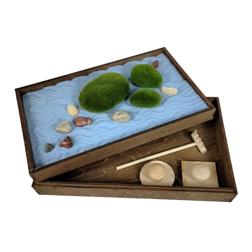 Wooden Stackable Zen Garden | Blue Oasis Sand with Rake & Accessories | Minimalist Decor Gift for Relaxation - color: Blue Oasis, size: Stackable