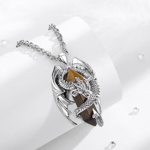 INFUSEU Unique Dragon Necklaces with Healing Crystal Stone for Men Women, Personalized Spiritual Gifts, 24 Inch Chain - color: Tigers Eye