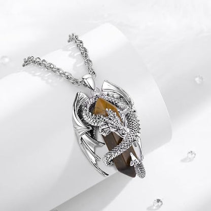 INFUSEU Unique Dragon Necklaces with Healing Crystal Stone for Men Women, Personalized Spiritual Gifts, 24 Inch Chain - color: Tigers Eye