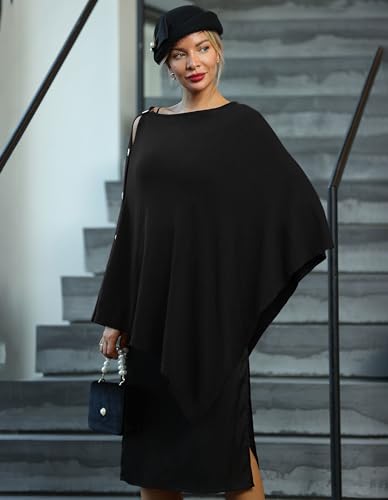 PULI Women's Versatile Knitted Shawls Scarf Poncho Sweater with Buttons Lightweight Spring Summer Fall Wraps - color: Round Neck-black