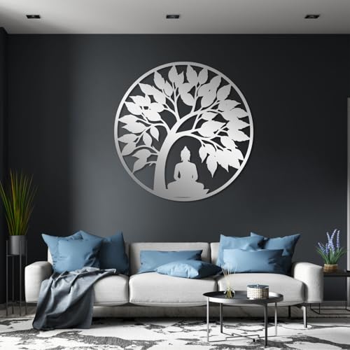 Tree of Life and Buddha Metal Wall Decor, Tree of Life Metal Wall Art, Zen Artwork Decor, Meditation Hindu Wall Art, Spiritual Gifts, Zen Artwork for Yoga Studio (Silver, 28"x28") - color: Silver, size: 28"x28"