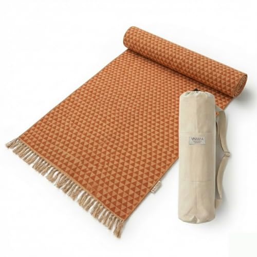 VINYASA Handwoven Cotton Yoga Rug Mat – Naturally Dyed | Absorbent, Washable Yoga Mat/Fitness Rug, Hatha, Pilates & Meditation - Non-Slip Grip | Extra Long & Wide | Trikon Series - color: Marigold