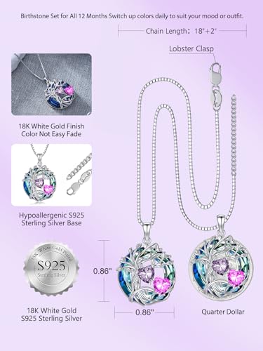 TOUPOP s925 Sterling Silver Family Celtic Tree of Life Pendant Necklaces with 2 Heart Birthstone with Blue Austrian Crystal Jewelry Birthday Valentines Day Gifts for Her, Anniversary Christmas Gifts for Wife Girlfriend Mom (18K Real White Gold Filled) - c