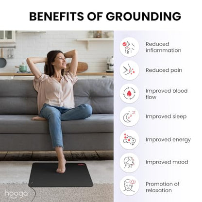 hooga Grounding Mat for Feet, Desk & Floor | Sleep, Stress Relief & Muscle Relaxation | 24"x16" Conductive Carbon Pad | 15 Ft Cord | Non-Slip Rubber Backing | Indoor Grounding Mat