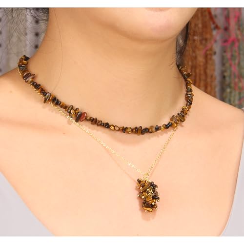 2Pcs Crystal Necklace for Women Handmade Choker Necklaces Pendant Necklace Natural Stone Gemstone Beaded Necklace 18k Gold Plated Adjustable Dainty Necklace for Women - color: Tigers Eye