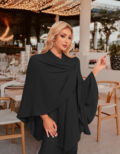 PULI Womens Elegant Cross Front Shawl Wraps Knitted Ponchos Cape Light Weight Poncho Sweater Soft Warm Travel Wraps - color: Black