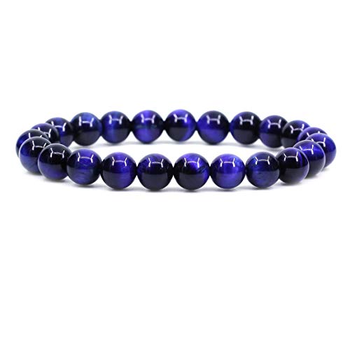 Keleny Gem Semi Precious Gemstones 8mm Natural Stone Round Beads Rock Crystal Jasper Stretch Bracelet 7 Inch Unisex - color: Dyed Royal Blue Tiger Eye 4#