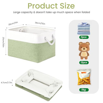 Large Storage Baskets- 15x11x10 inch Storage Bins for Shelves and Closet Organizing, Foldable Fabric Bin for Home Organization Clothes and Laundry (1-Pack, White&Green)