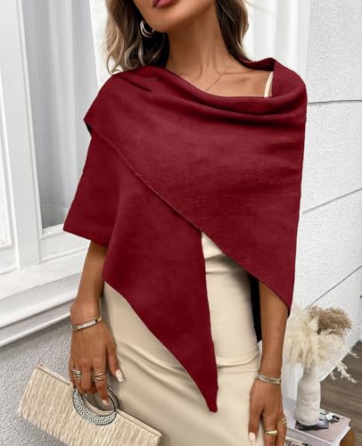 Womens Knitted Shawl Wraps Casual Solid Color Cape Scarf Comfortable Triangle Pashmina Shoulder Sweater - color: Wine Red