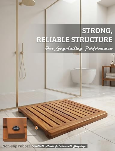 Acacia Wood Shower Mat 21x21 Inches by Demigo, Luxury Bath Mat Non Slip for Bathroom Bathtub Shower Spa Garden Home, Wooden Floor Mat Square Large for Outdoor and Indoor - size: 21" x 21" (Square)