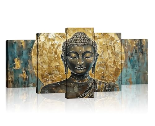 Buddha Canvas Wall Art 5 Piece Zen Wall Decor Vintage Cyan and Gold Buddha Picture Meditation Painting Buddhism Prints for Yoga Spa Spiritual Room Decor Framed(Picture-7,8x14inx2 8x18inx2 8x22inx1) - color: Picture-7, size: 40x22 inch