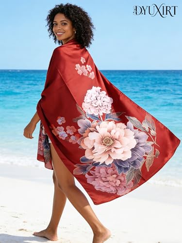 100% Mulberry Silk Oversized Women’s Sun-Shielding Shawl Formal Evening Neckwear Featherlight Airy - color: N11-crimson Peony Scarf（69" X 21"inch）