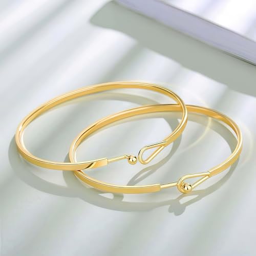 18K Gold Plated Bar Cuff Bracelet – Dainty Thin Minimalist Hook Bangle for Women